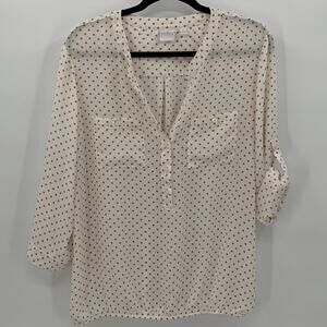 Soho New York & Co Womens Large Top 3/4 Roll Tab Sleeve Polka Dots Career Preppy